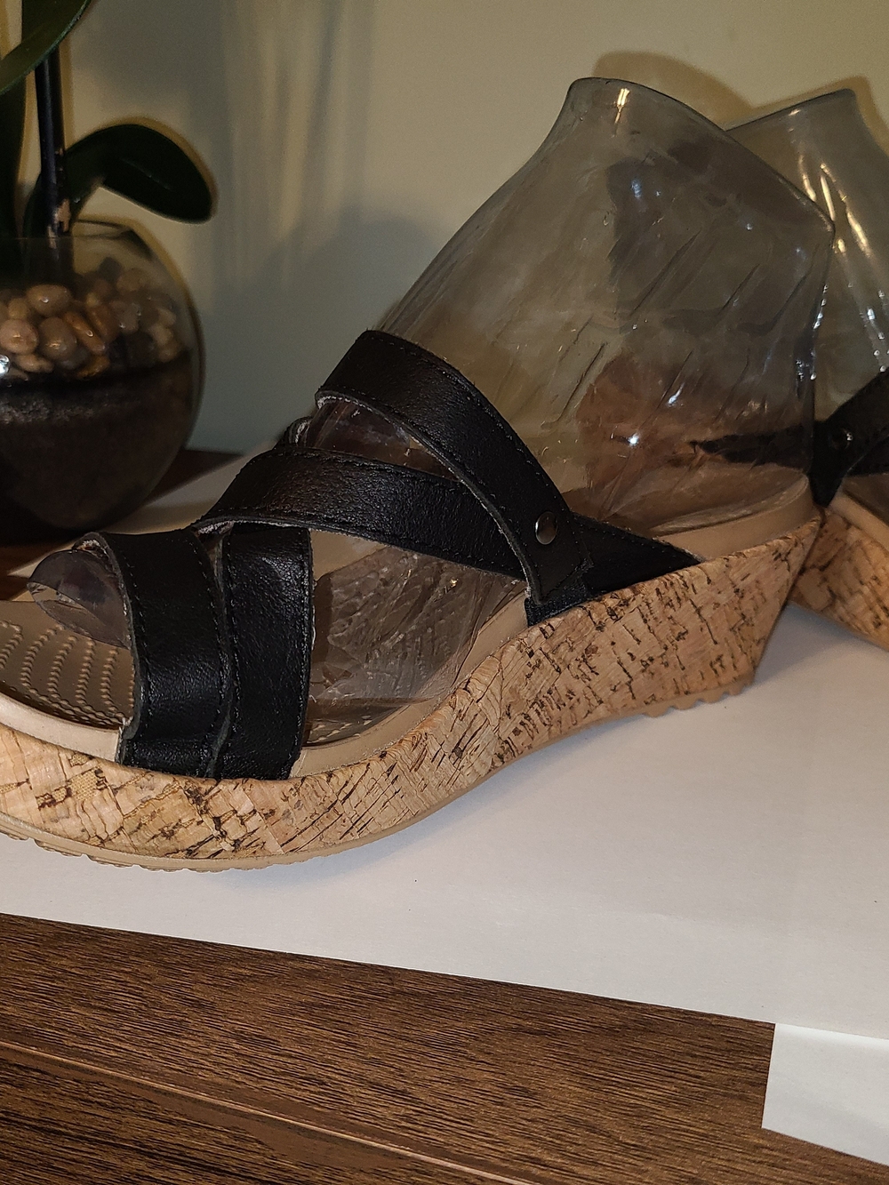 Crocs Women's cork wedge leather strap sandals black size 9